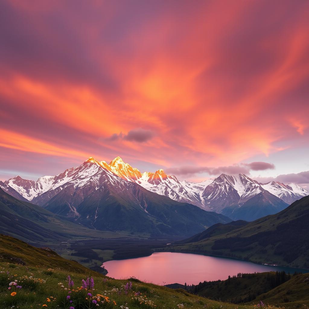 A breathtaking view of a majestic mountain range, with snow-capped peaks reflecting the warm golden hues of a sunset, surrounded by lush green valleys filled with wildflowers