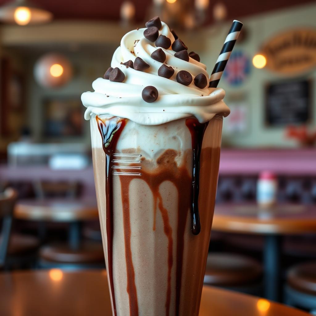 A delicious chocolate milkshake served in a tall glass, topped with a generous swirl of creamy whipped cream and sprinkled with chocolate chips on top
