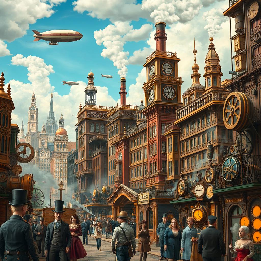 A vividly detailed steampunk cityscape, featuring tall Victorian-style buildings with elaborate brass and copper gears, steam rising from chimneys, dirigibles floating in the cloudy sky, and inventors wearing goggles and intricate mechanical gadgets