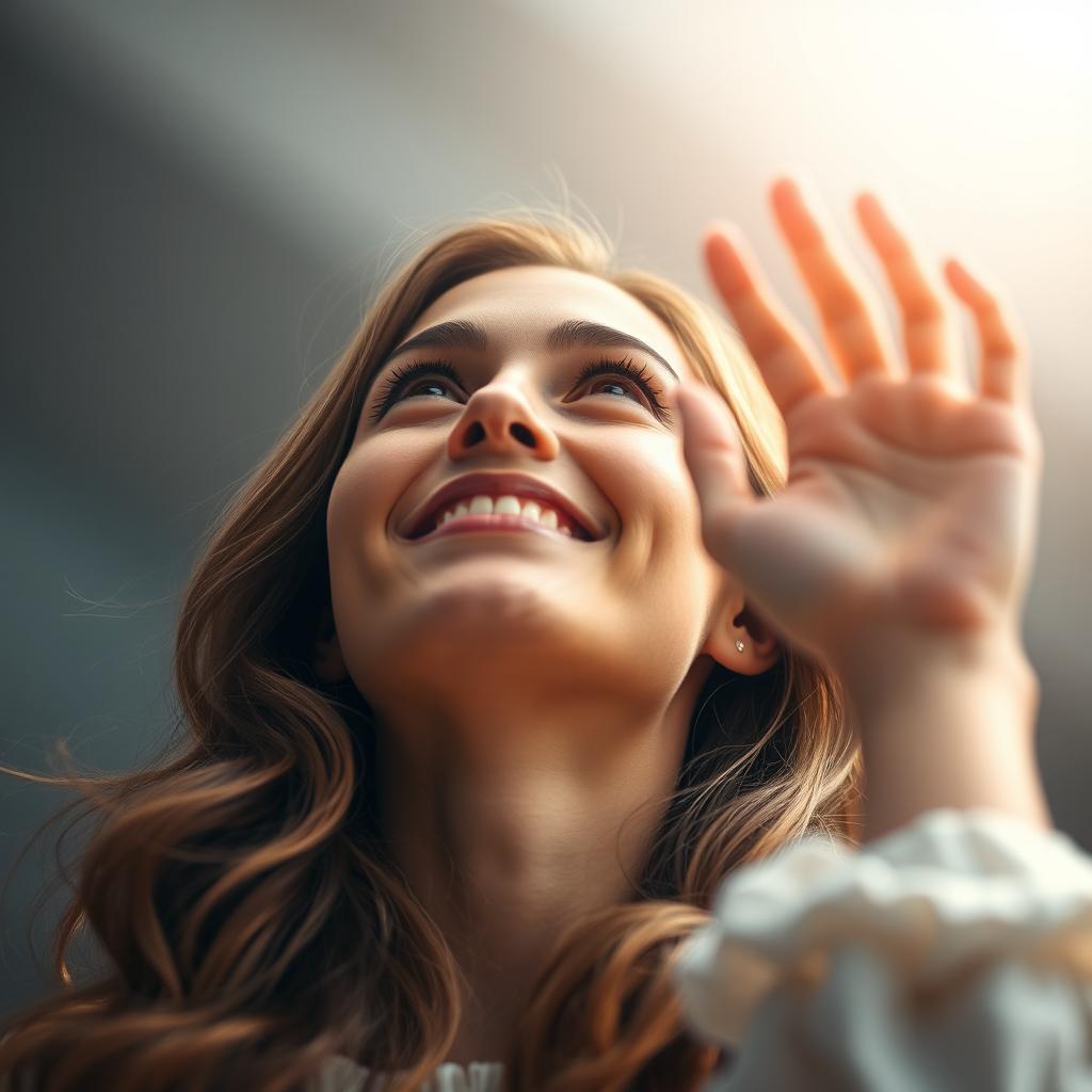 A beautiful woman with an expressive face gazing upwards, her right hand reaching out as if wanting to touch something in the sky