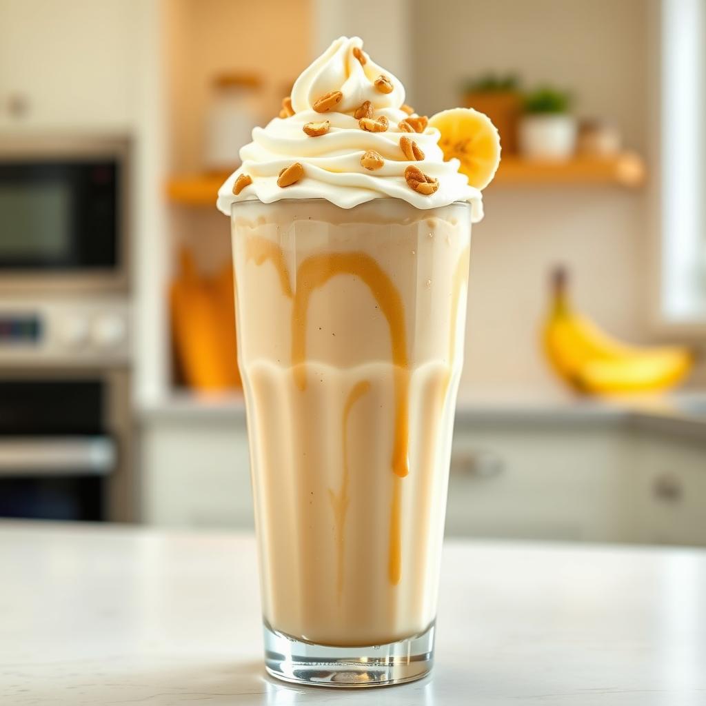 A creamy peanut butter and banana milkshake served in a tall glass, richly blended with smooth peanut butter and ripe bananas
