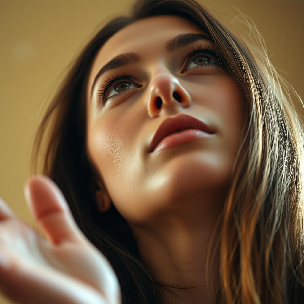 A close-up of a woman’s full face, looking upwards with a sense of wonder