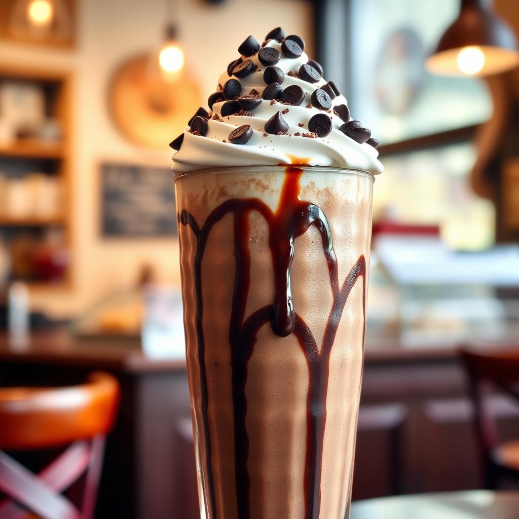 A luscious chocolate milkshake served in a tall, frosty glass, lavishly topped with a fluffy layer of whipped cream and generously sprinkled with chocolate chips on top