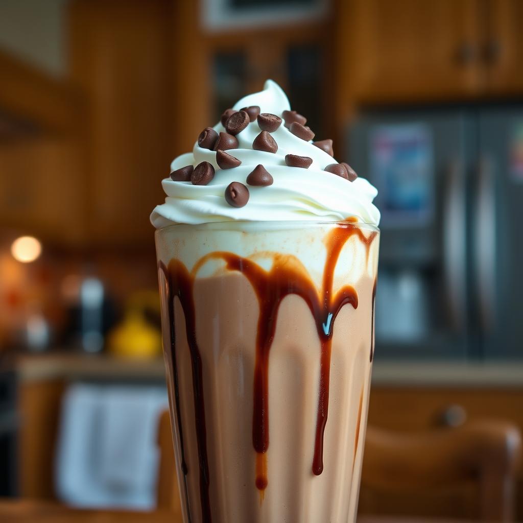 A rich chocolate milkshake served in a tall glass, topped with a generous dollop of fluffy whipped cream and adorned with chocolate chips on top