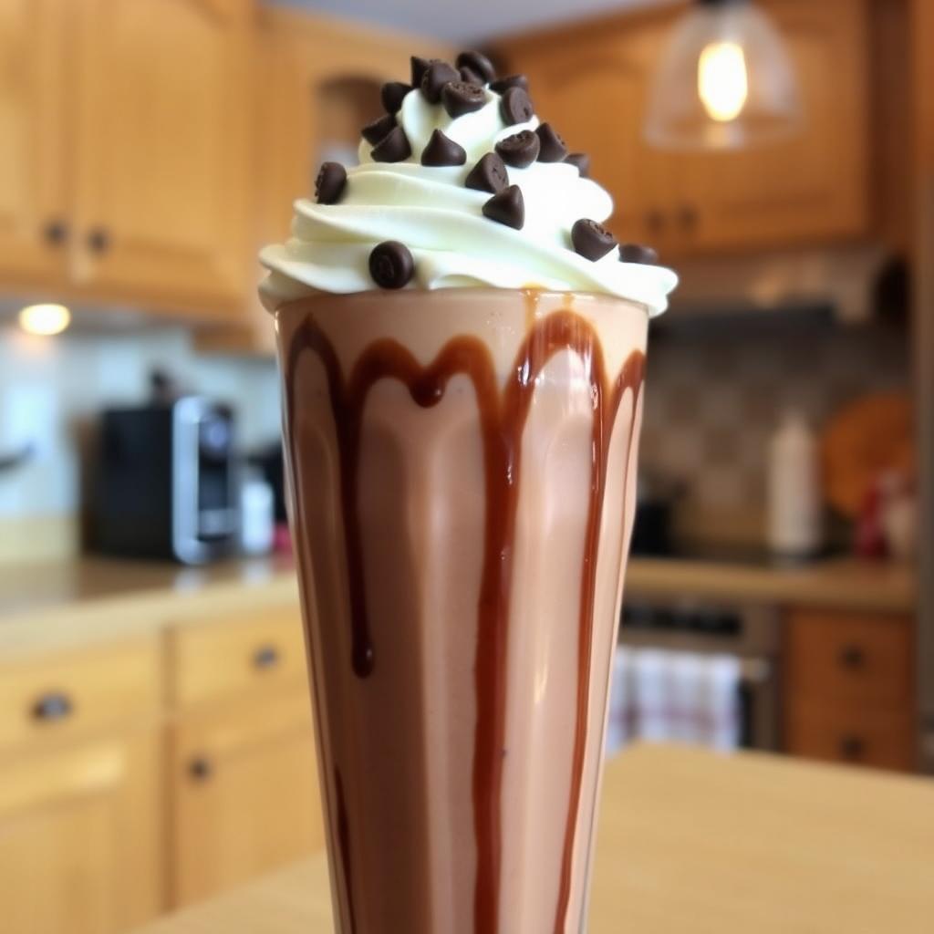 A delicious chocolate milkshake served in a tall glass, topped with a generous amount of soft whipped cream and a sprinkle of chocolate chips on top