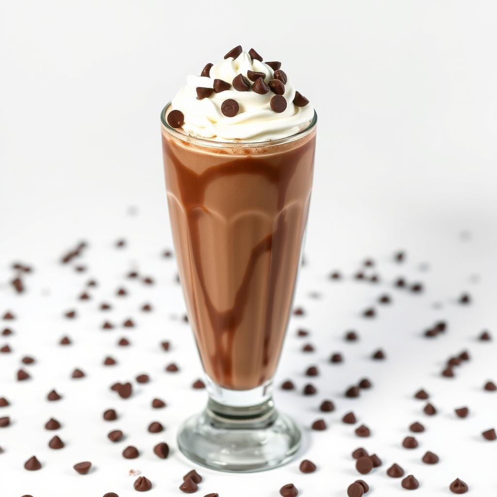 A tall, elegant glass filled with a creamy chocolate milkshake, beautifully topped with a generous swirl of fluffy whipped cream and a scattering of chocolate chips on top