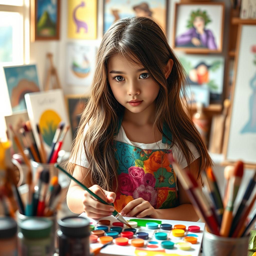 A beautiful girl with almond-shaped eyes, deeply focused on painting on a canvas