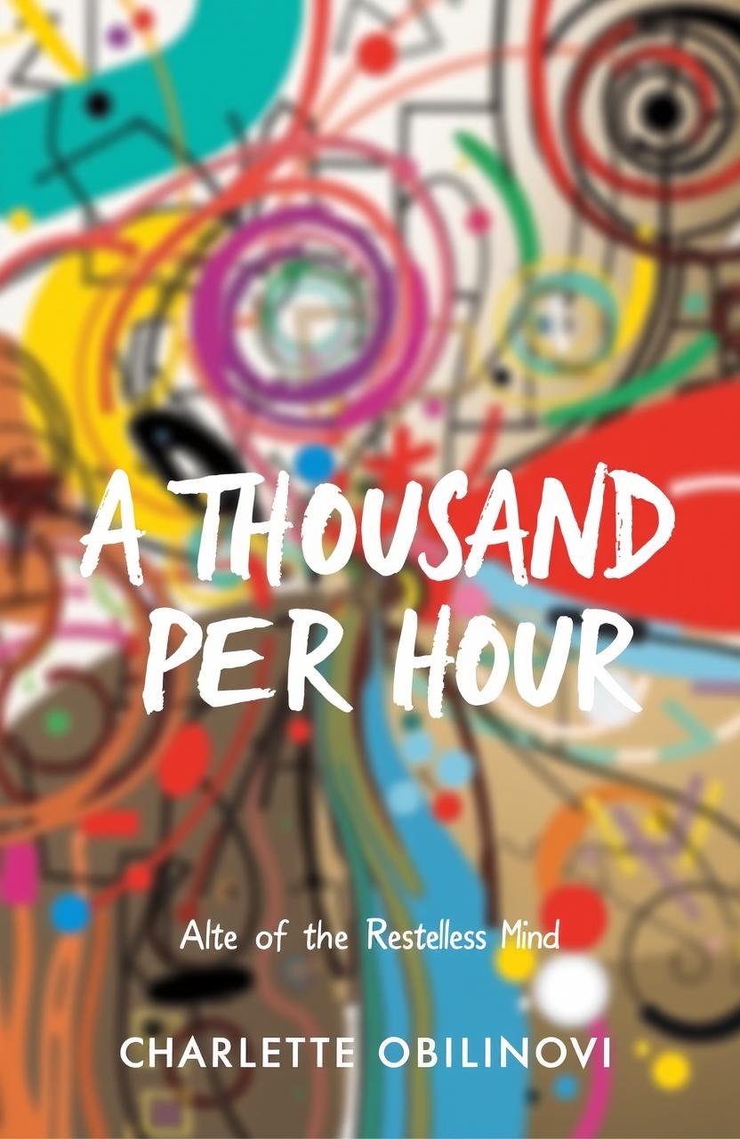 A book cover design for 'A THOUSAND PER HOUR' by Charlotte Obilinovic, featuring an abstract art style that visually represents the chaotic and energetic thoughts often associated with ADHD