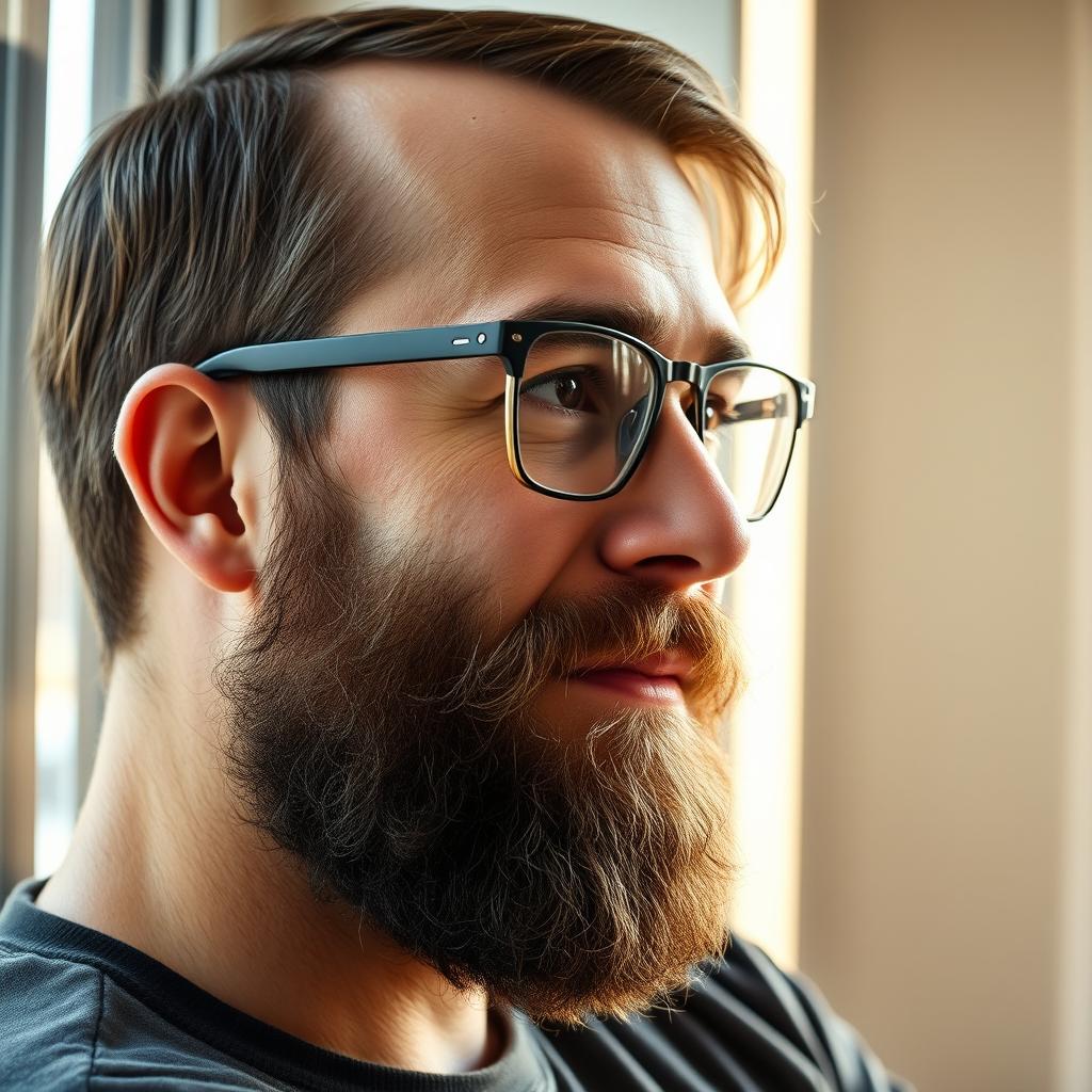 A close-up portrait of a bearded man wearing glasses, positioned in profile view (side view) next to a window
