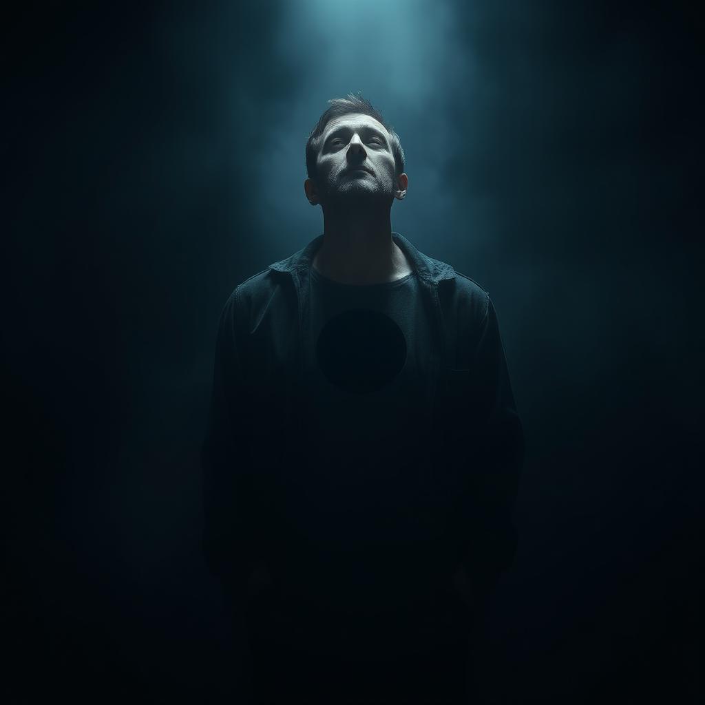 A dark, atmospheric scene featuring a solitary man standing in deep shadows