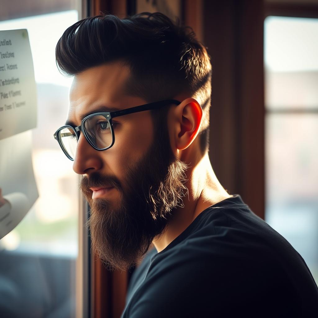A portrait of a bearded man wearing glasses, positioned in profile next to a window