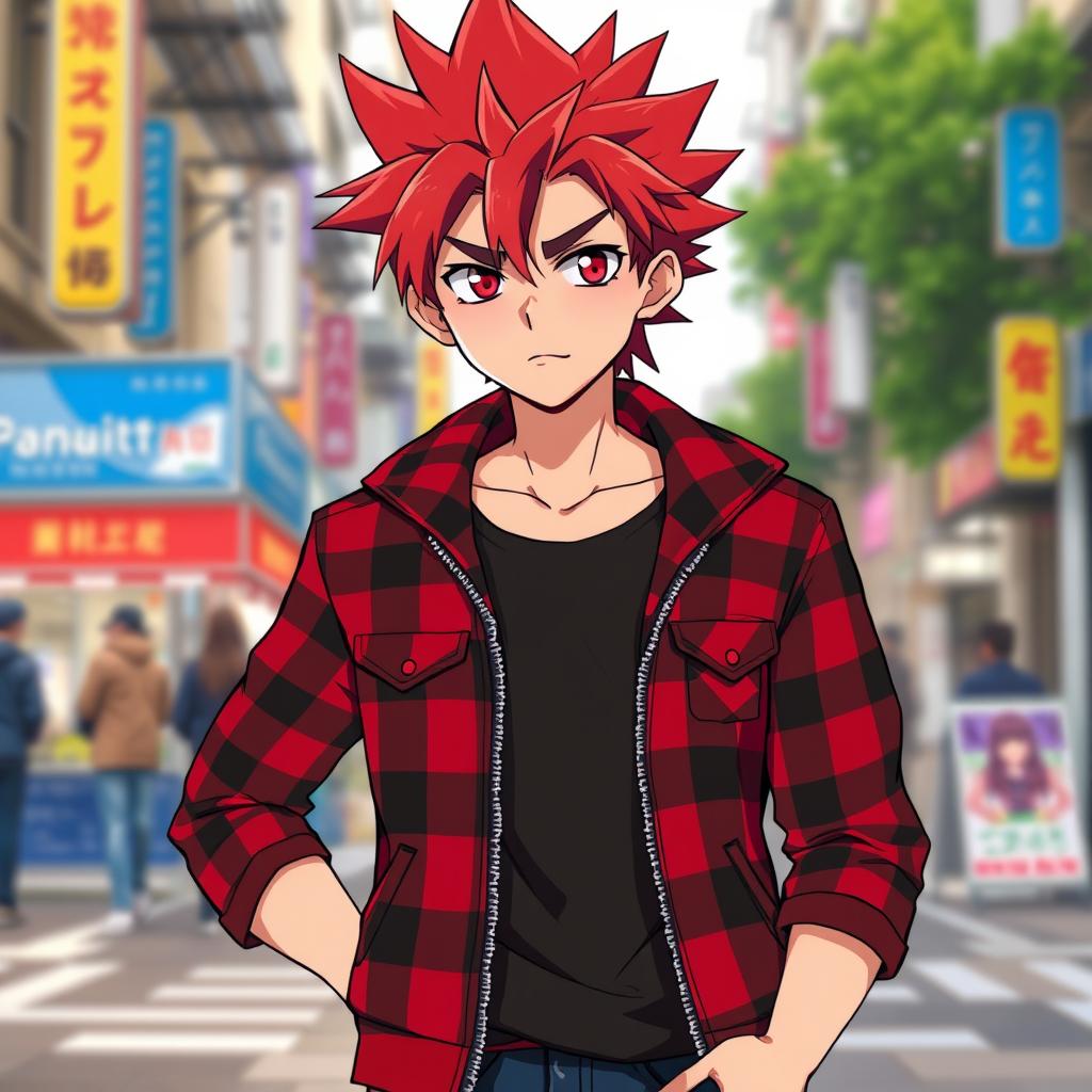 A red spiky-haired anime guy standing with a slightly annoyed expression