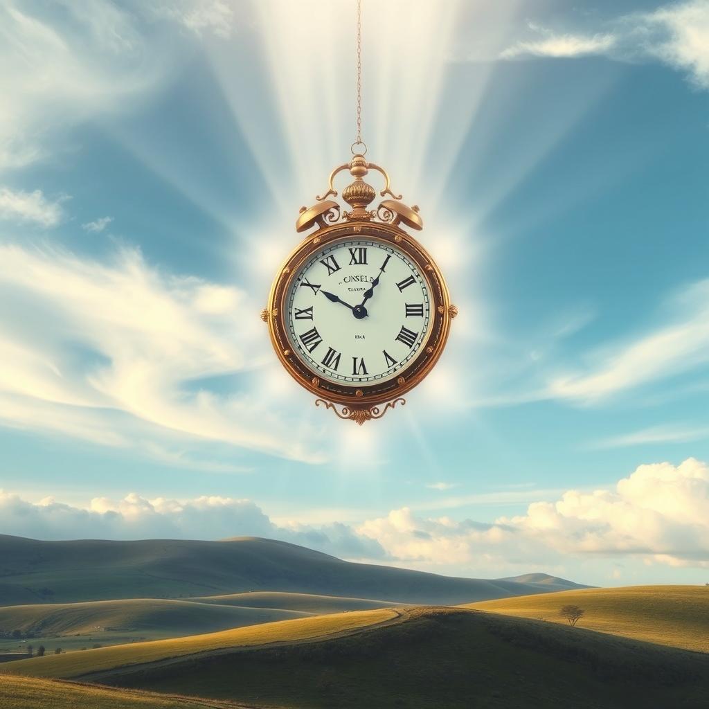 A surreal and imaginative scene featuring a floating clock, elegantly suspended in mid-air against a dreamy sky with soft, wispy clouds