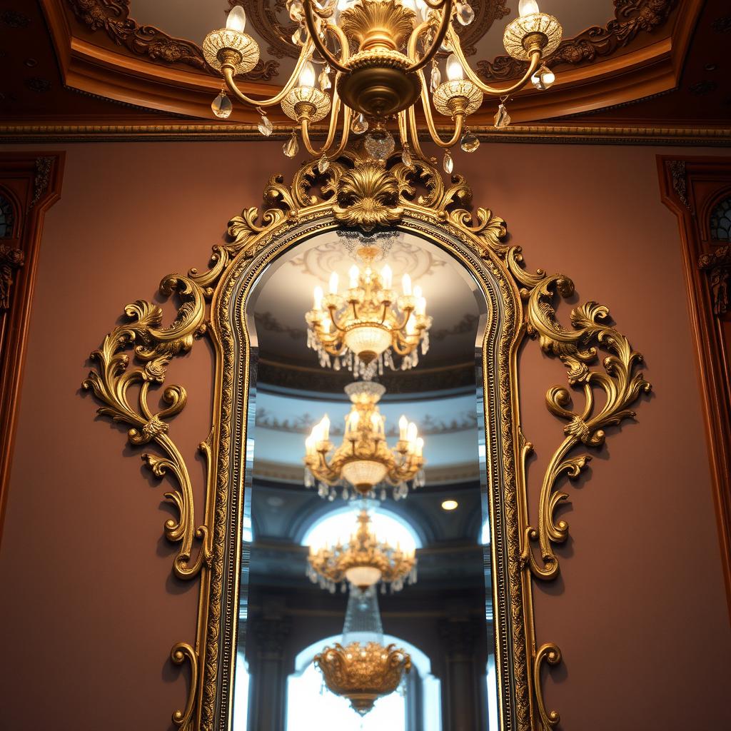 A beautifully ornate, vintage mirror elegantly mounted on a wall, extending up to the ceiling of a lavishly decorated room