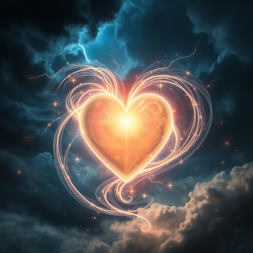 A shining, glowing heart emanating a soft light, surrounded by swirling mystical energy patterns