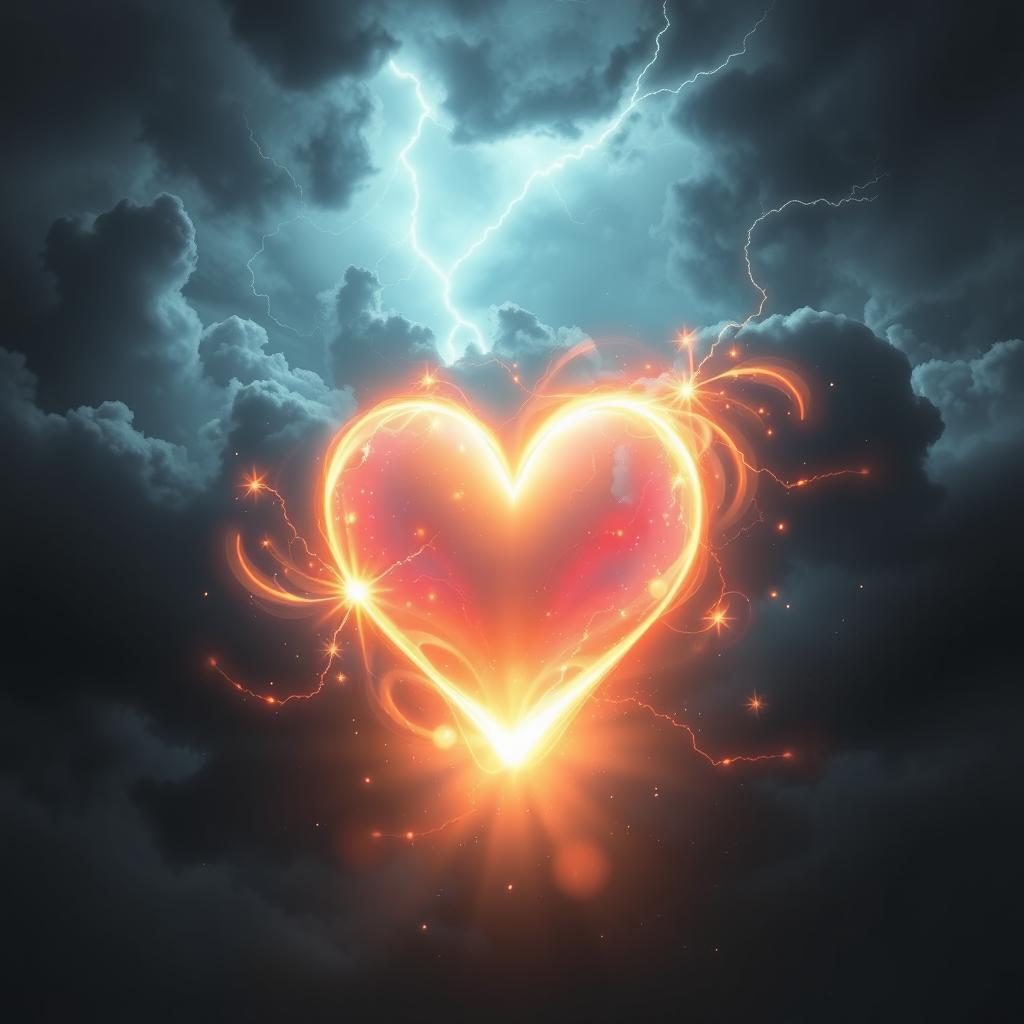 A radiant, glowing heart symbolizing innocence and purity, emanating a warm luminescence amidst a swirl of enchanting mystical energy