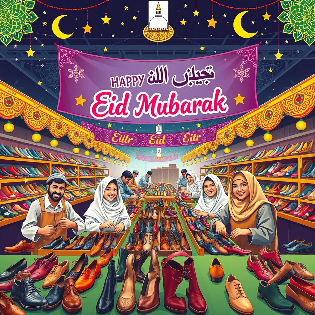 A vibrant and festive banner celebrating Eid al-Fitr set in a traditional Islamic theme