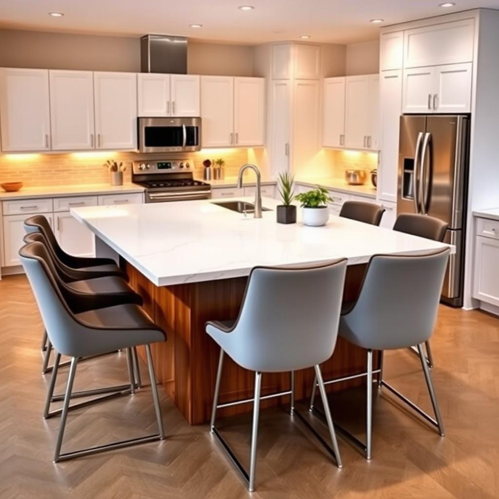 A modern kitchen featuring a spacious island with six stylish chairs around it