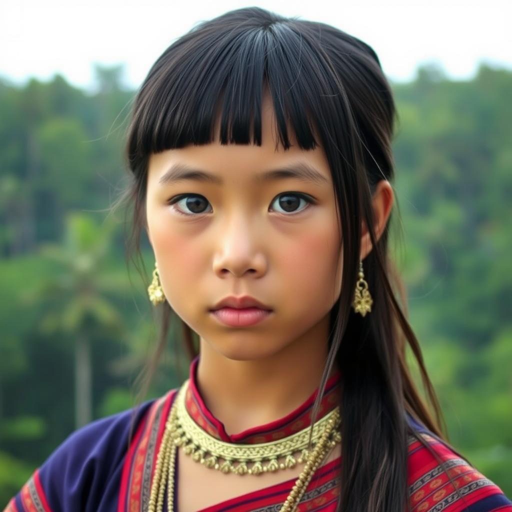 A portrait of a 15-year-old Thai girl wearing traditional northern Thai tribal attire, with a serious expression on her face