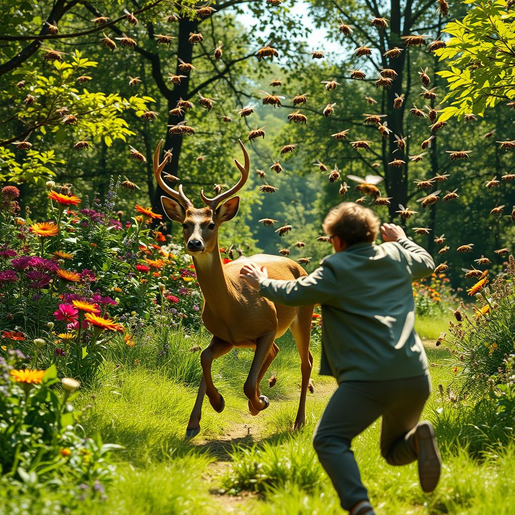 A dramatic scene depicting a heroic act of rescuing a deer from a swarm of aggressive killer bees