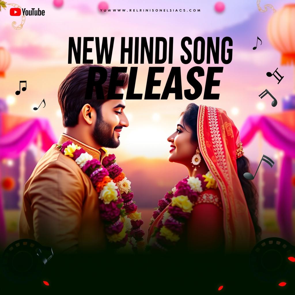 A vibrant and eye-catching YouTube thumbnail for a Hindi song, featuring a stunning scene of a romantic couple in traditional Indian attire, with colorful decorations and a festive atmosphere