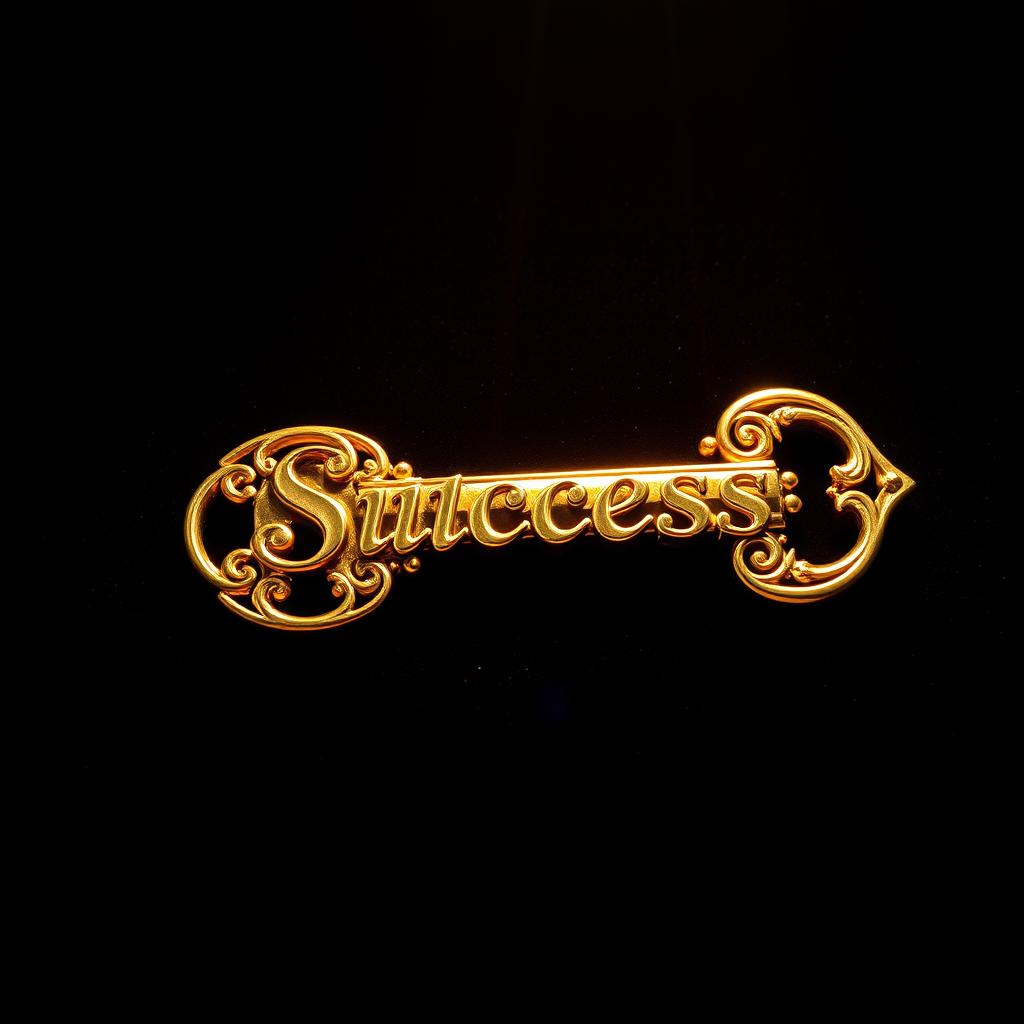 A shining golden key with the word "Success" elegantly engraved on its surface, glowing under a bright spotlight on a smooth black velvet background