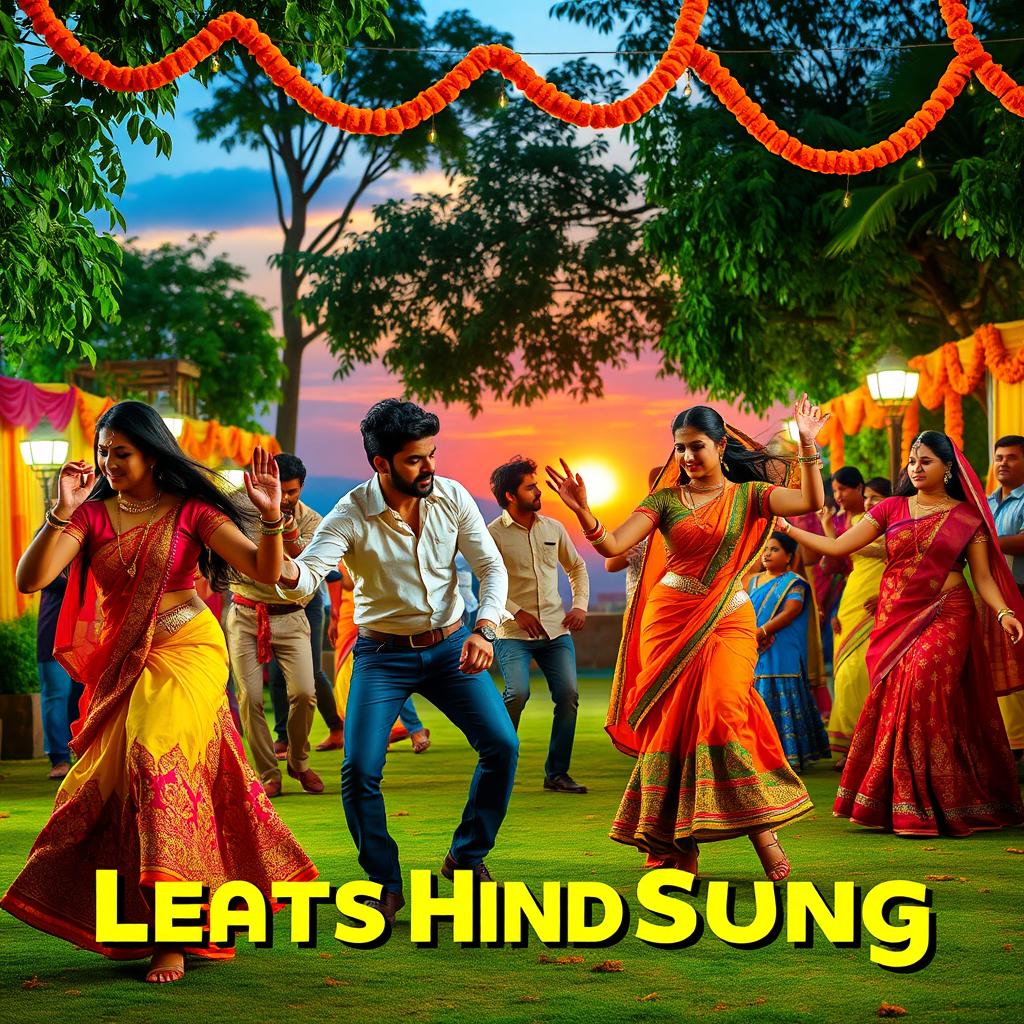 A colorful and vibrant scene inspired by the latest Hindi song, depicting a lively and energetic atmosphere with traditional Indian elements such as dancers in ornate costumes, bright lights, and an outdoor setting featuring lush greenery