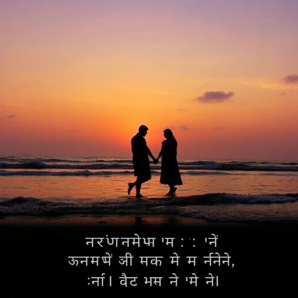A dreamy sunset landscape inspired by the Hindi song "अधूरा सपना है तुम्हें पाना" featuring a silhouette of a couple standing hand in hand on a beach, the waves gently lapping at their feet