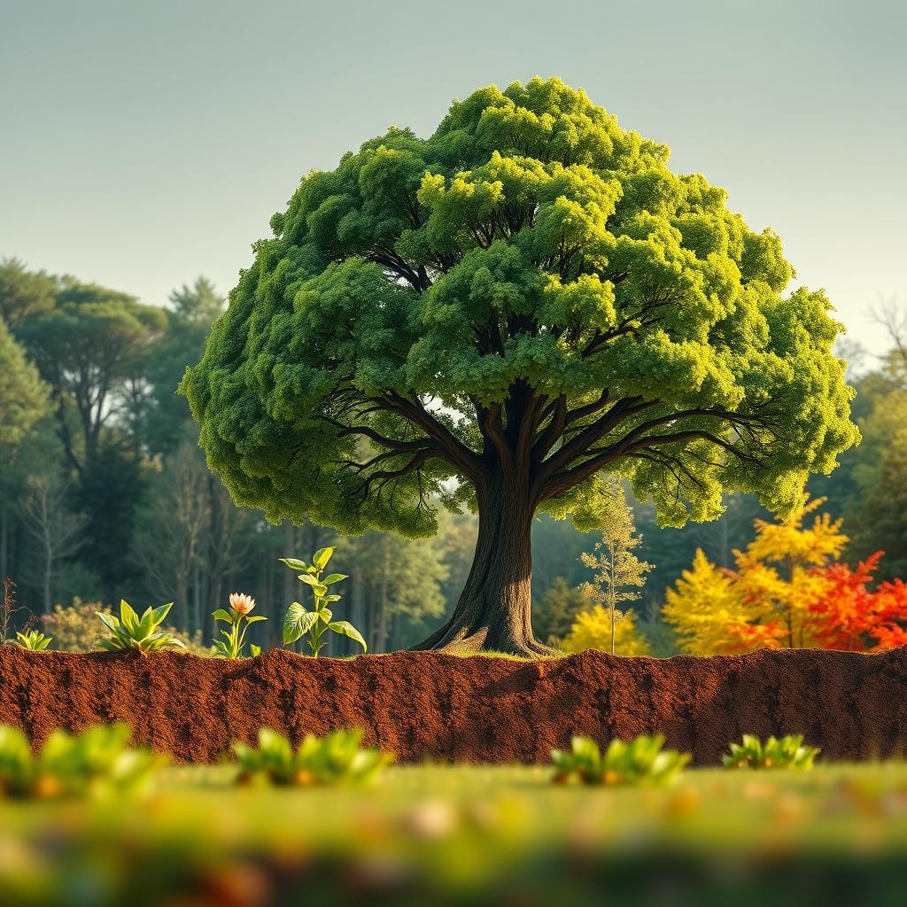 A beautiful time-lapse scenario depicting a small seed gradually growing into a massive lush green tree