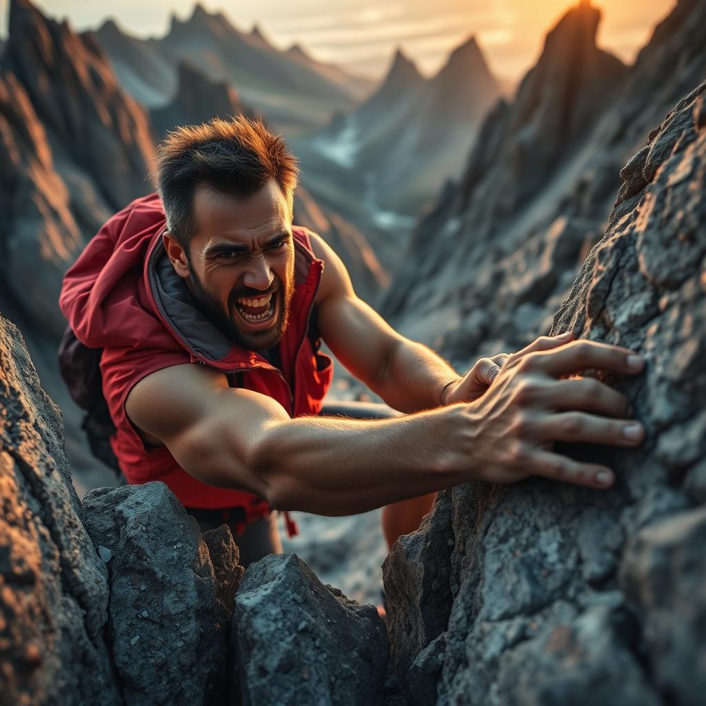 A determined mountain climber, face showing effort and determination, struggling to reach the next rock while pushing themselves forward despite exhaustion