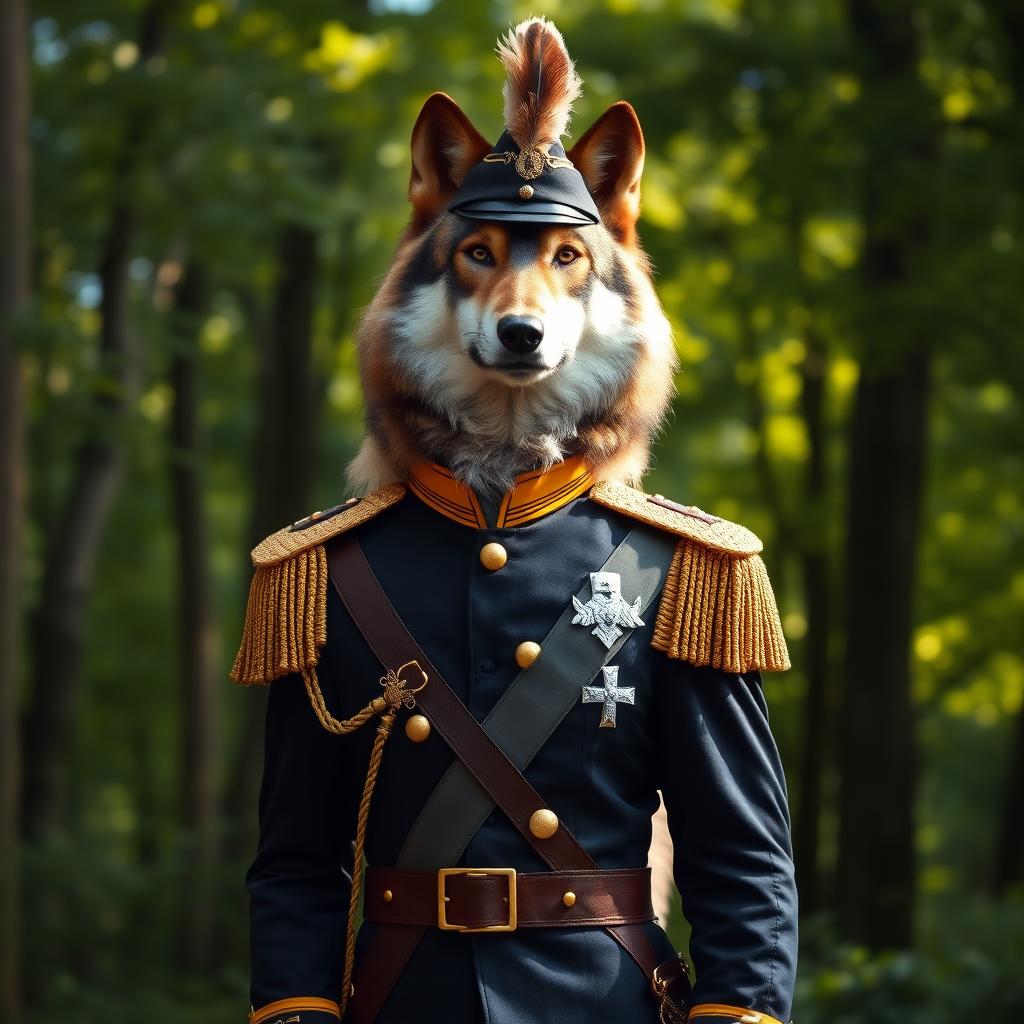A majestic wolf standing upright, dressed in a classic military colonel's uniform complete with gold epaulettes, a matching hat adorned with a feather, and a proud demeanor