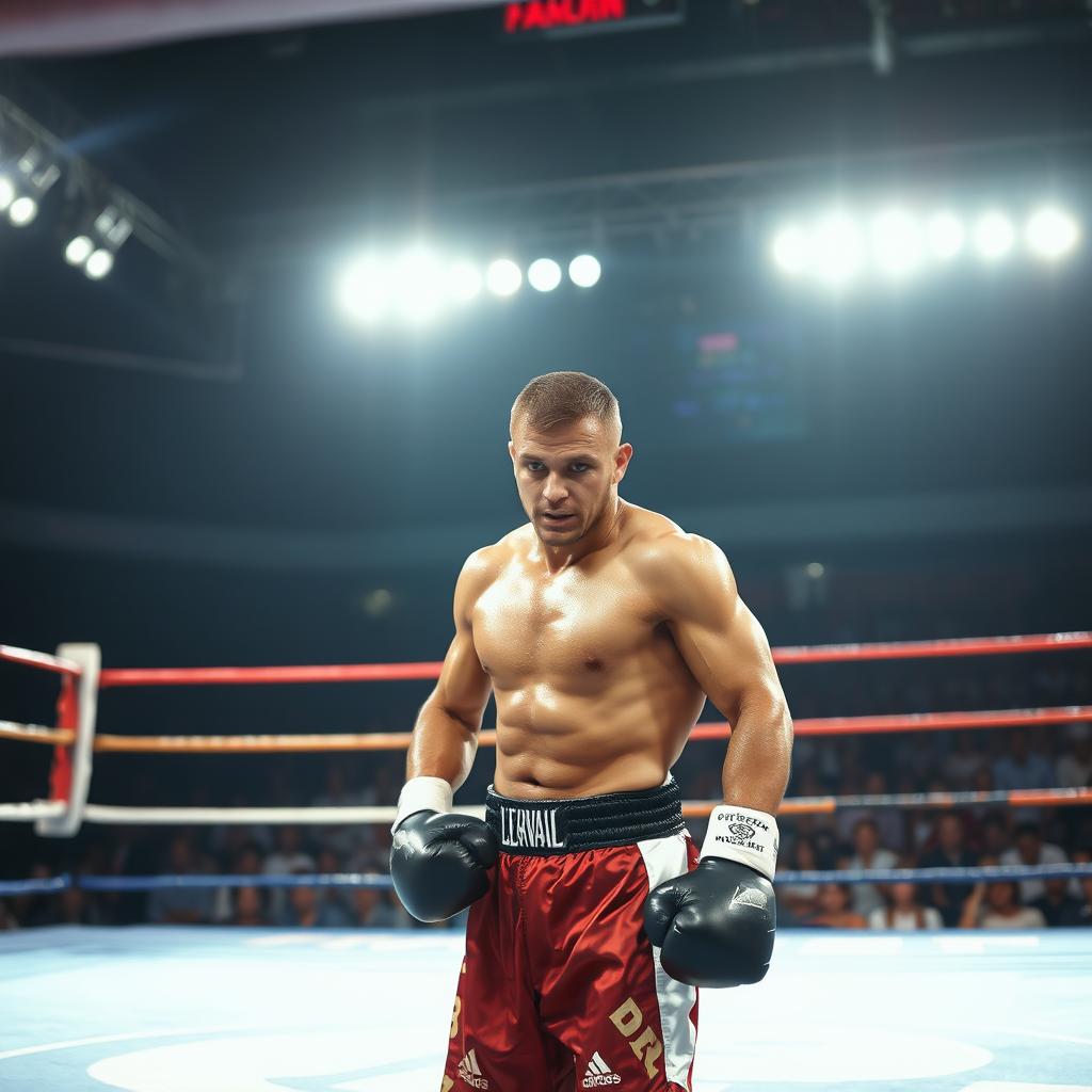 A fierce boxer standing up in the ring after being knocked down, their muscular body visibly glistening with sweat, showcasing a determined expression on their face, eyes focused and intense, ready to engage in the fight once more