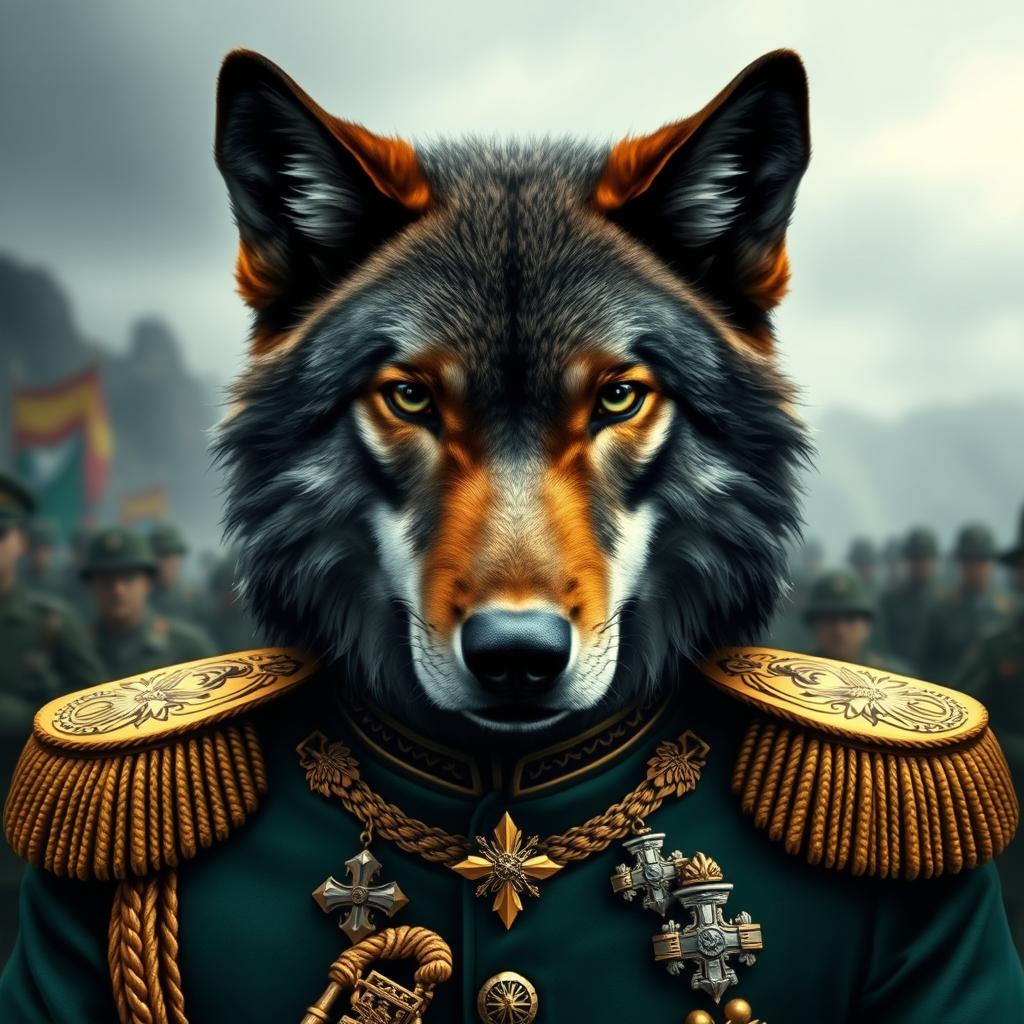 A majestic wolf's head prominently displayed, adorned in a detailed military colonel's uniform