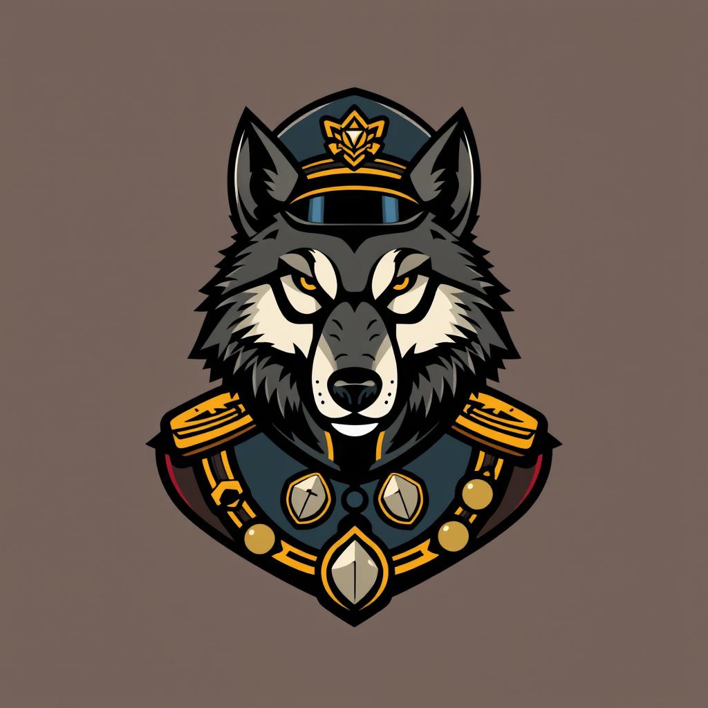 A striking logo design featuring a wolf's head adorned in a traditional military colonel uniform