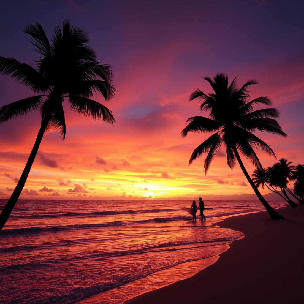 A breathtaking sunset over a tranquil beach, with vibrant hues of orange, pink, and purple painted across the sky