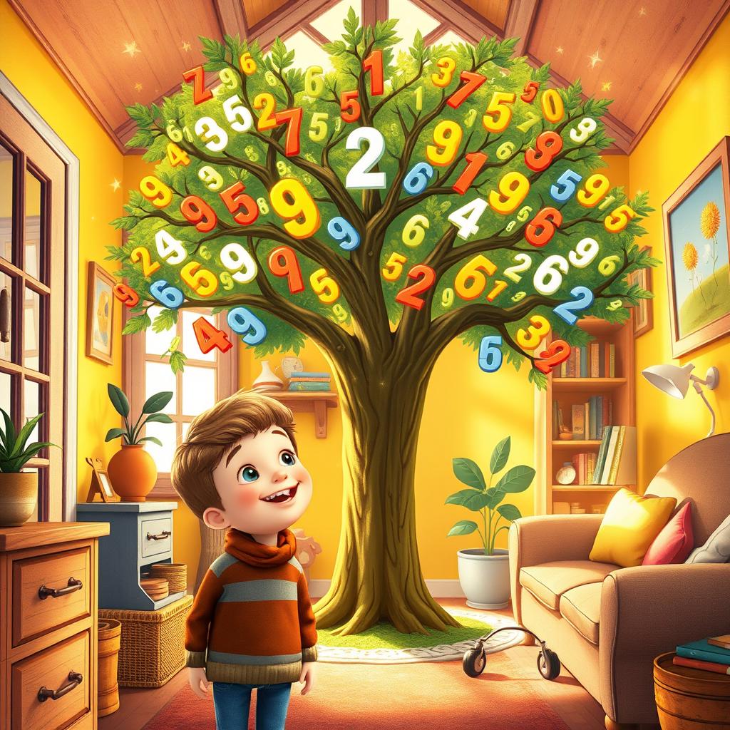 A cheerful boy named Hugo is smiling as he stands in his cozy home, gazing at a magical tree surrounding him with floating numbers