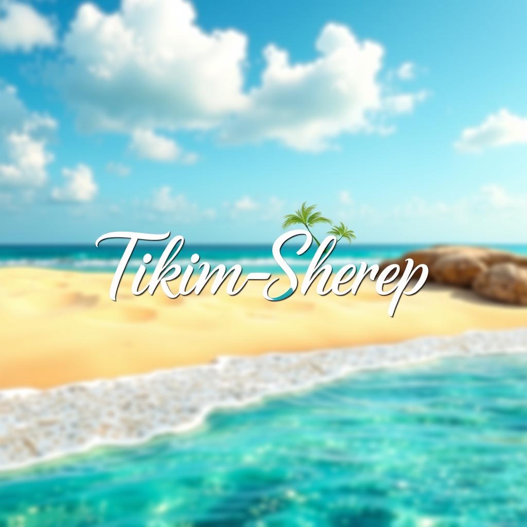 A creative and vibrant logo design for a business named 'Tikim-Sherep', set against a picturesque beach background