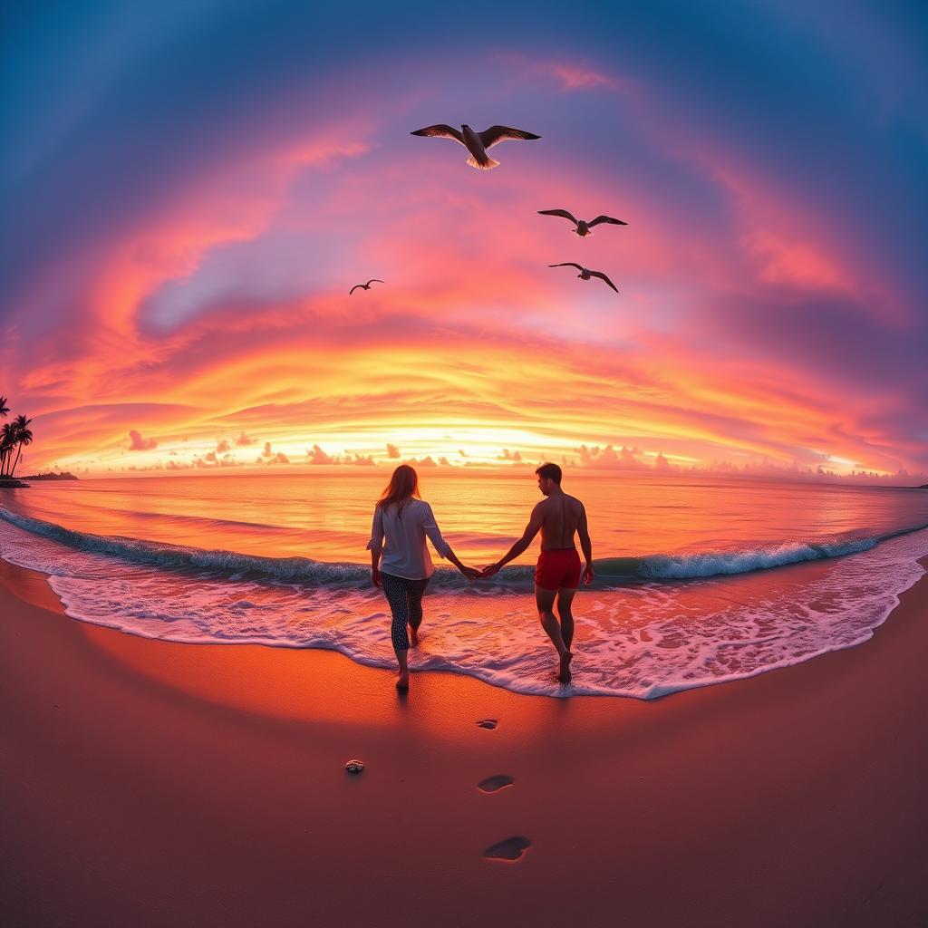 A stunning 360-degree panoramic view of a vibrant sunset over a serene beach