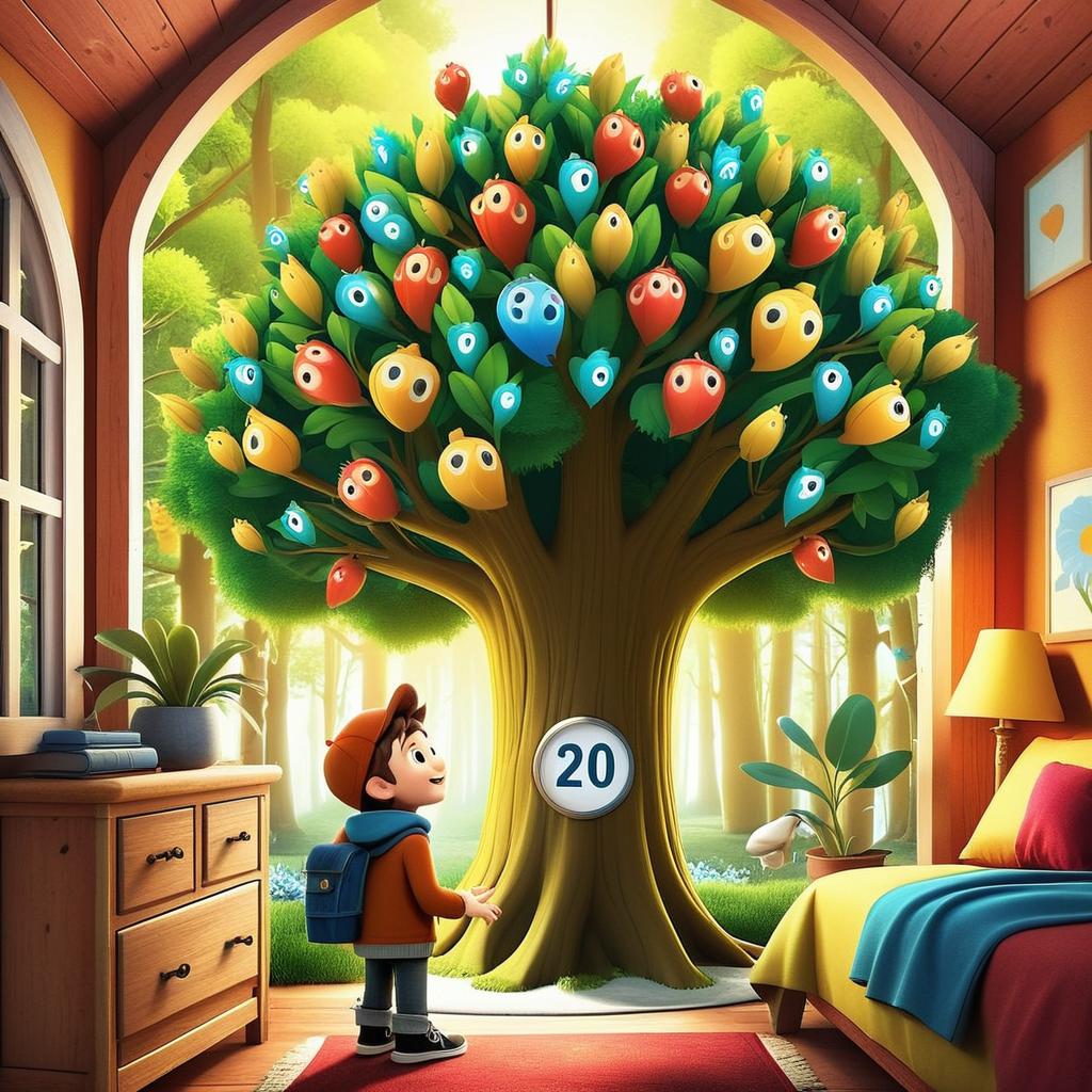 Hugo encontra a Árvore dos Números Mágicos em uma floresta encantada. Os números brilham em cores vibrantes, flutuando ao seu redor. Fazer de acordo com a imagem