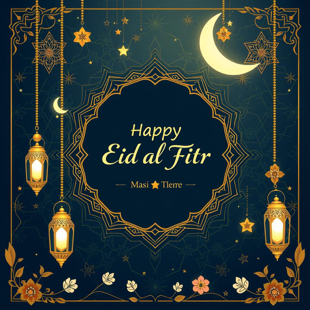 A stunning high-resolution background theme for Eid al-Fitr, featuring an elegant display of traditional Islamic elements