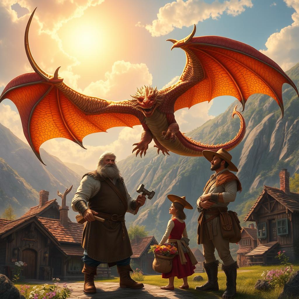 In a captivating fantasy setting, a magnificent dragon hovers gracefully above a quaint small village nestled at the foot of a small hill