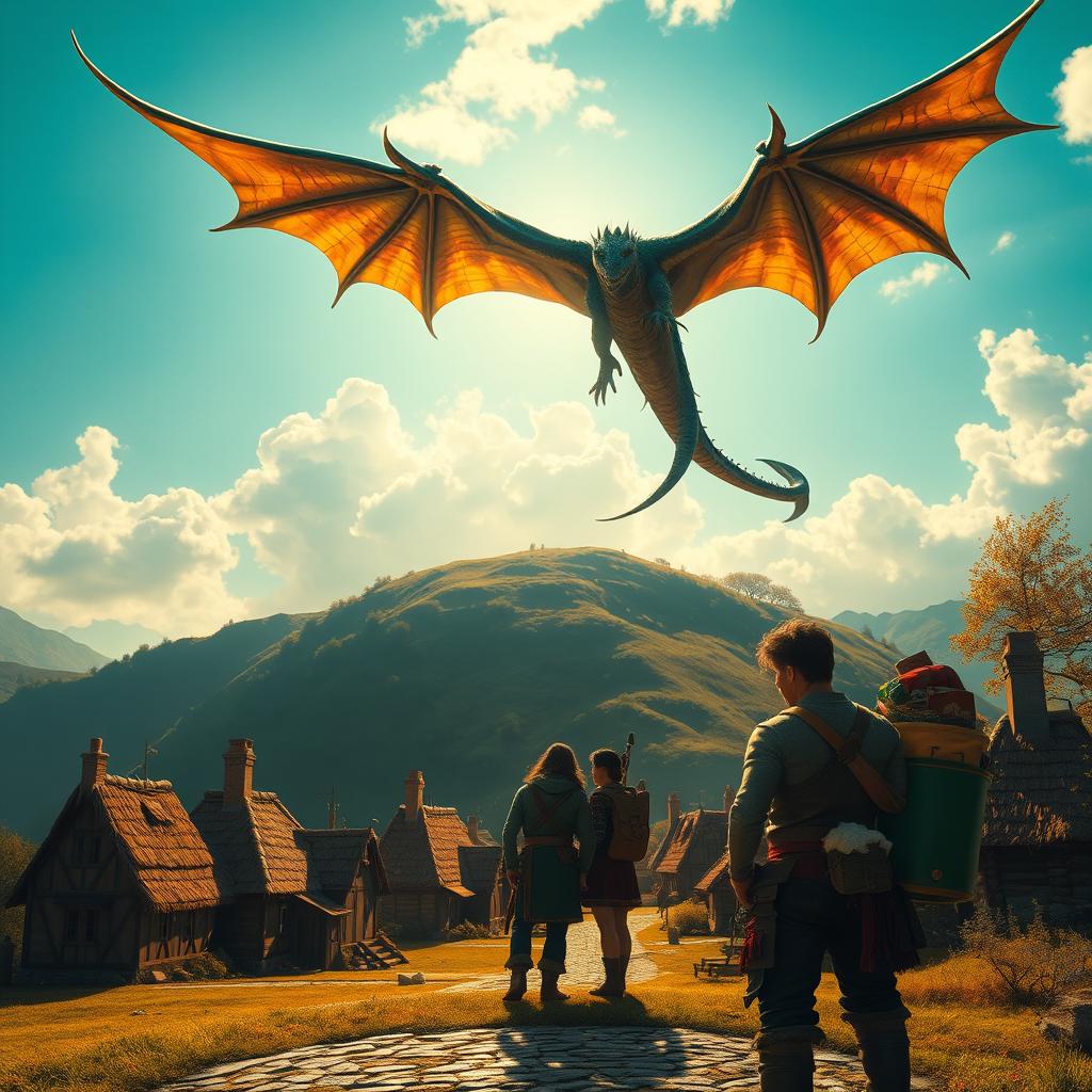In a captivating fantasy setting, a grand dragon soars majestically above a small village, positioned at the base of a gentle hill