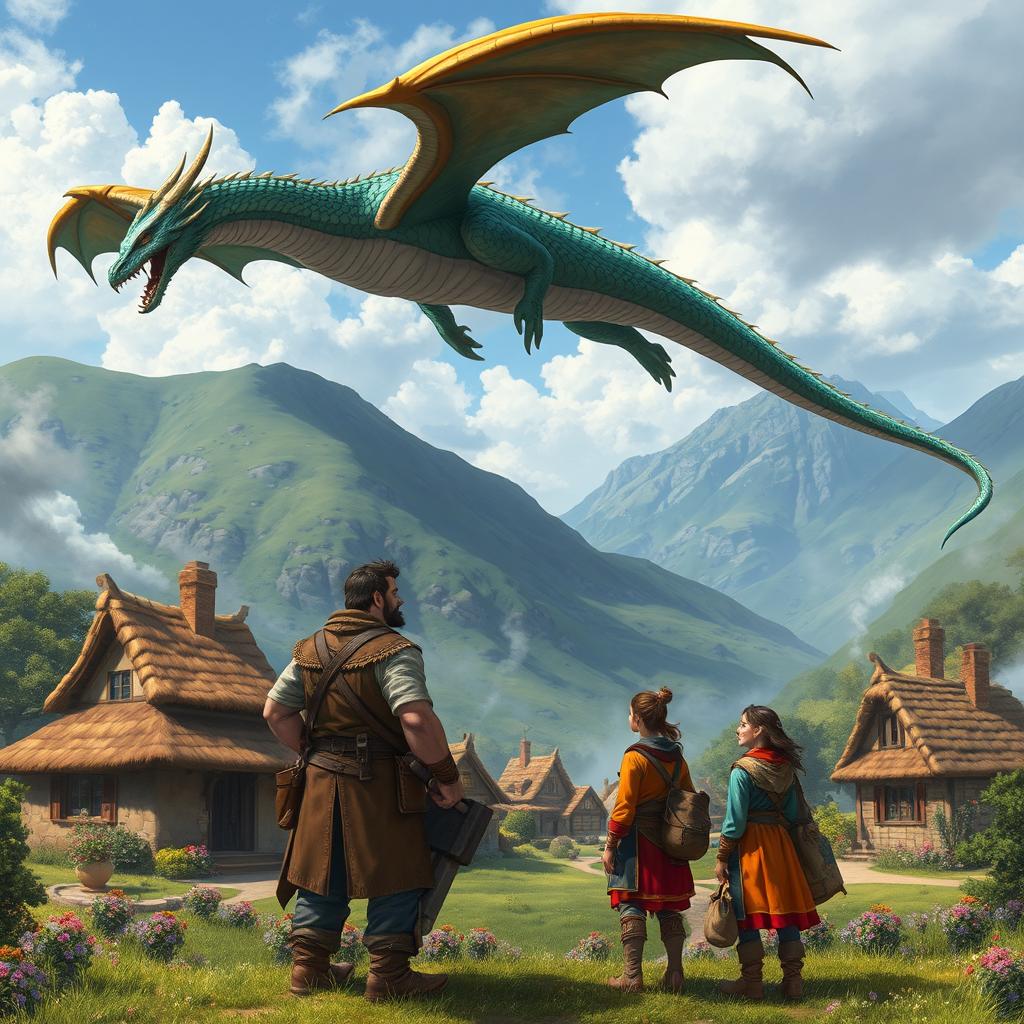 In a stunning fantasy setting, a powerful dragon soars gracefully above a picturesque small village nestled at the base of a gentle hill