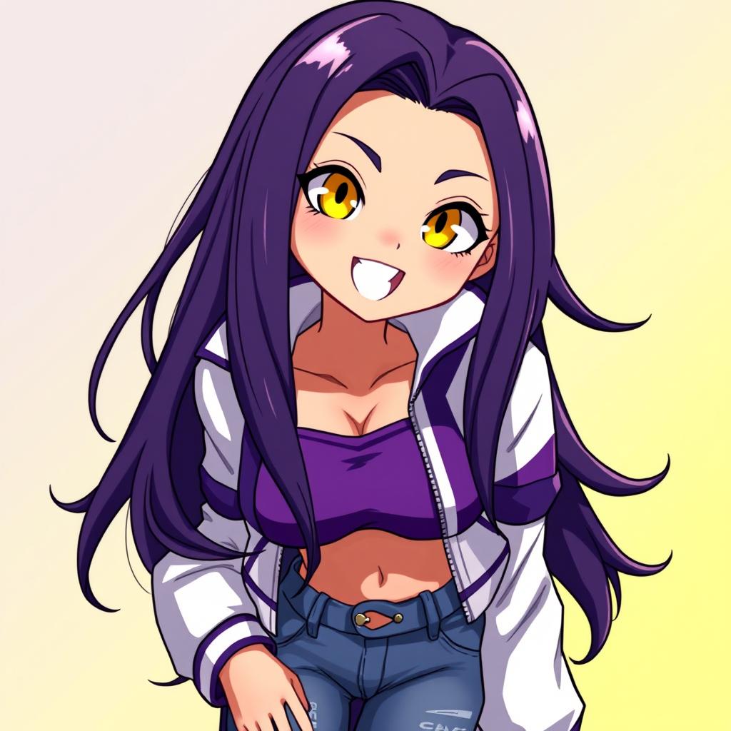 A woman with long dark purple hair and vibrant yellow eyes, showcasing a spirited and lively expression