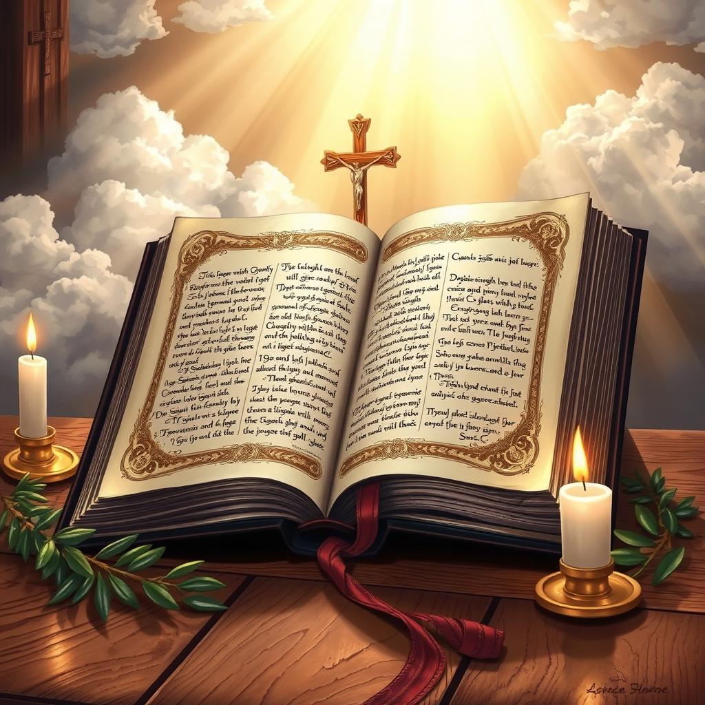 An elaborate illustration depicting an ancient, beautifully designed open Bible, its pages filled with delicate calligraphy and colorful illuminated text