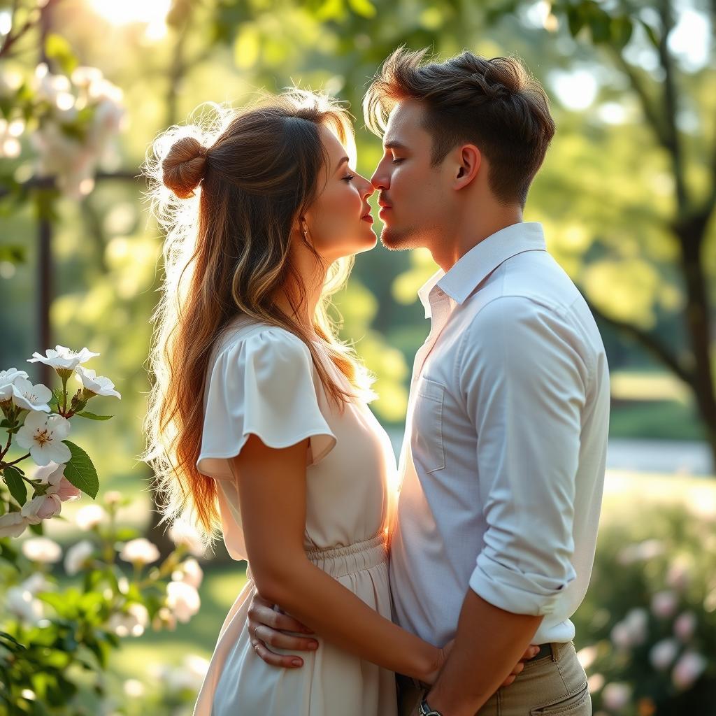A romantic scene of two lovers sharing a soft kiss in a beautiful park