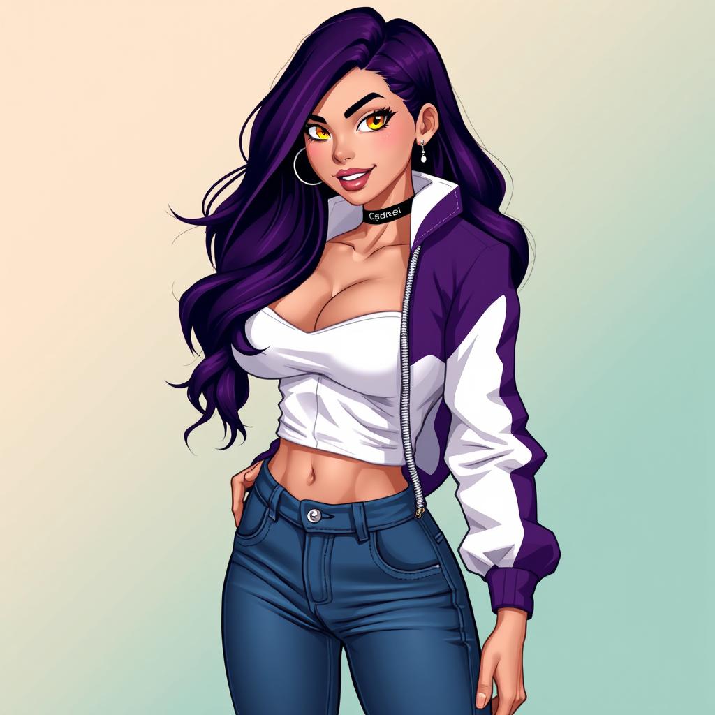 A woman with long dark purple hair and vibrant yellow eyes, radiating a lively and engaging expression