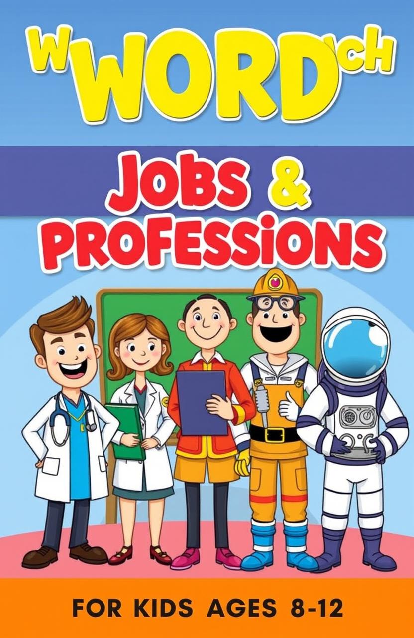 A colorful, cartoon-style book cover for a word search book titled 'Word Search: Jobs & Professions', designed for children aged 8-12