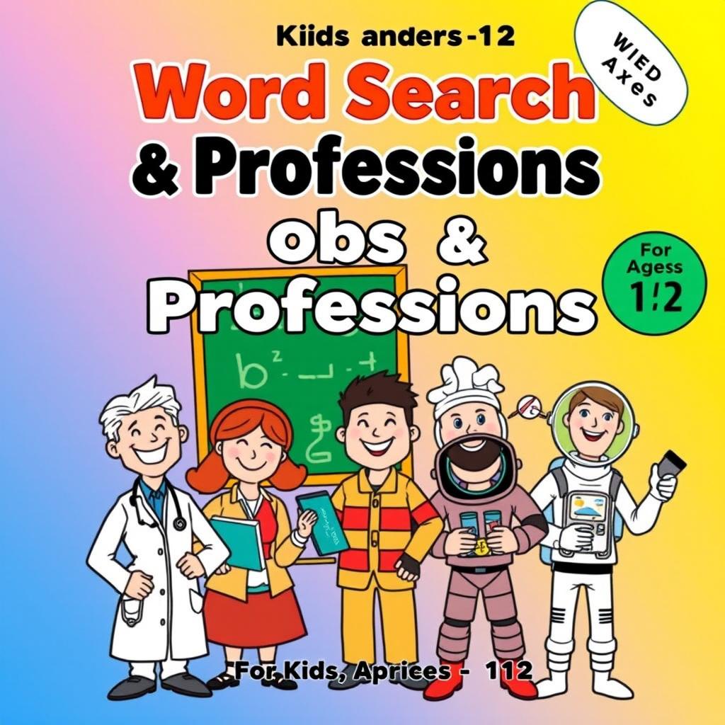 A colorful, cartoon-style book cover for a word search book titled 'Word Search: Jobs & Professions', designed for children aged 8-12