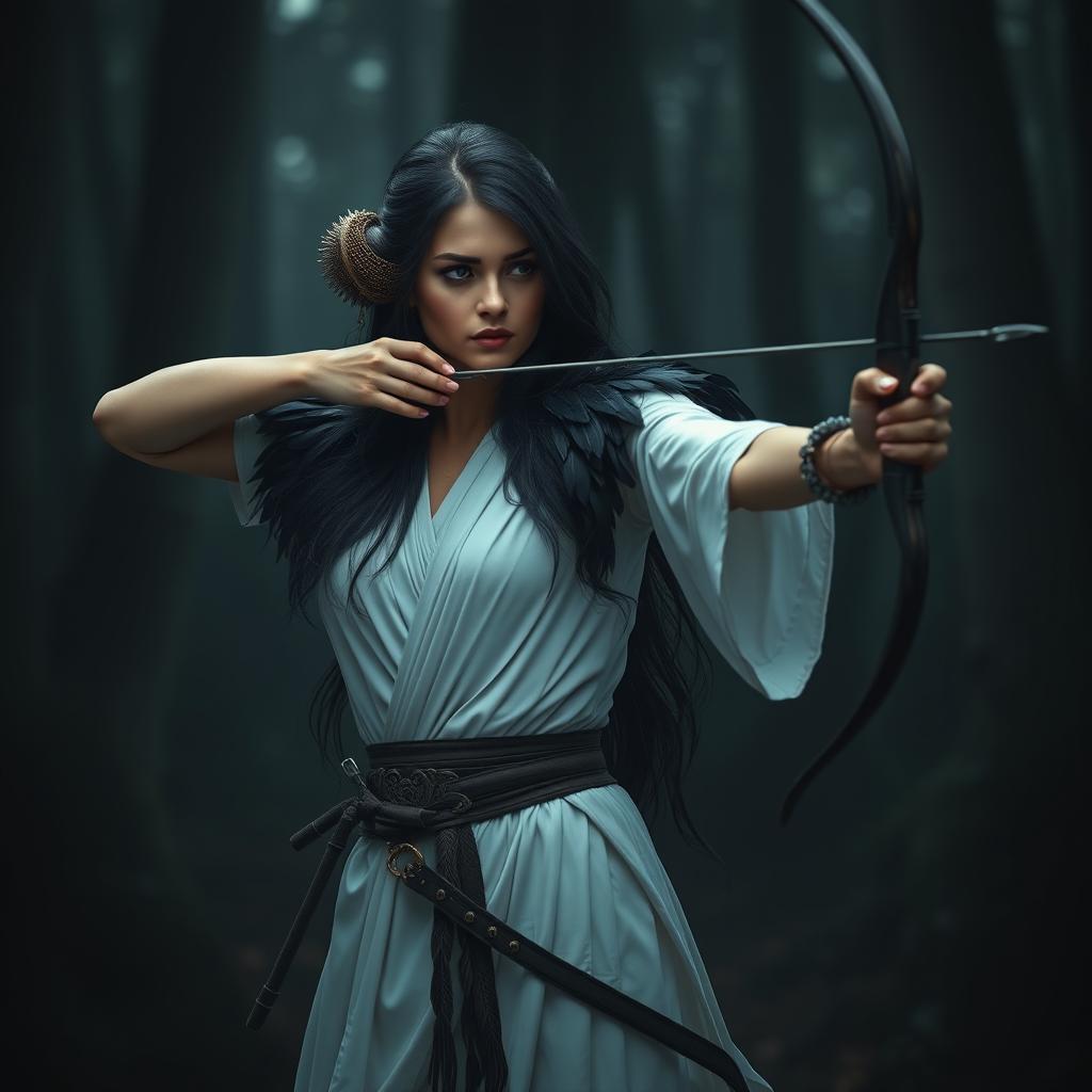 A stunning woman named Shandar-kai dressed in a flowing white tunic adorned with raven feathered shoulder pieces, standing confidently in a dark, shadowy forest